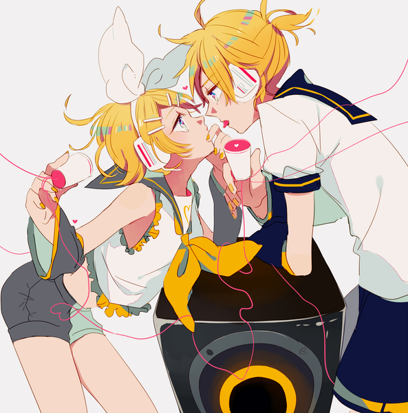 Anime picture 2000x2025 with vocaloid kagamine rin kagamine len makoji (yomogi) tall image highres short hair blue eyes blonde hair ponytail nail polish profile face to face siblings eye contact twins hand on face sailor collar heart of string girl