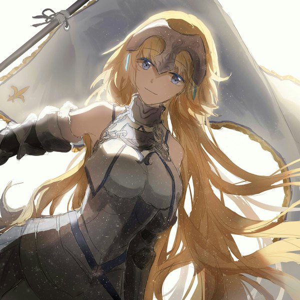 Anime picture 1240x1240 with fate (series) fate/apocrypha jeanne d'arc (fate) (all) jeanne d'arc (fate) candy (pixiv15231759) single looking at viewer fringe breasts blue eyes simple background blonde hair standing white background bare shoulders very long hair dutch angle fur trim floating hair girl