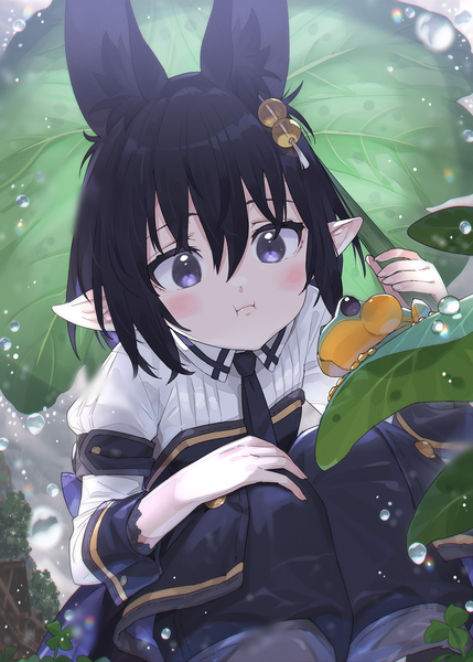 Anime picture 1108x1548 with original mano (narumi arata) narumi arata single tall image blush fringe short hair black hair hair between eyes purple eyes holding animal ears looking away long sleeves from above pointy ears extra ears hand on knee pout