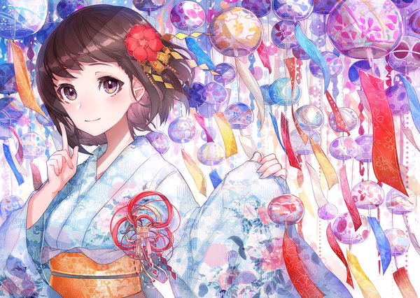 Anime picture 1300x925 with original mika pikazo single looking at viewer blush fringe short hair smile brown hair purple eyes holding upper body long sleeves traditional clothes japanese clothes arm up hair flower wind wide sleeves floral print