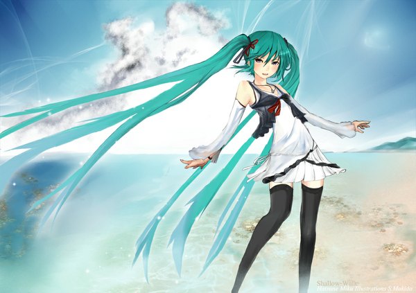 Anime picture 1012x715 with vocaloid hatsune miku woodoor single blush twintails cloud (clouds) very long hair black eyes aqua hair girl thighhighs dress black thighhighs detached sleeves sea