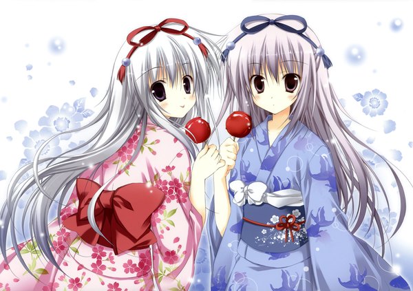 Anime picture 5734x4040 with alice or alice airi (alice or alice) rise (alice or alice) korie riko long hair looking at viewer blush fringe highres smile hair between eyes standing purple eyes multiple girls holding absurdres upper body white hair long sleeves traditional clothes
