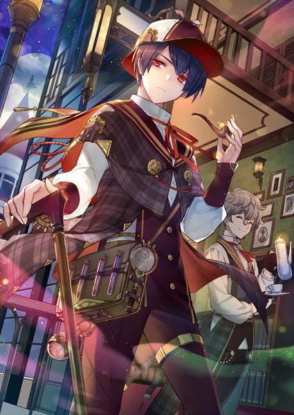 Anime picture 1000x1410 with grand fantasia mobile john watson (grand fantasia) sherlock holmes (grand fantasia) achan (blue semi) tall image looking at viewer fringe short hair black hair smile hair between eyes red eyes standing holding cloud (clouds) outdoors eyes closed wind grey hair night