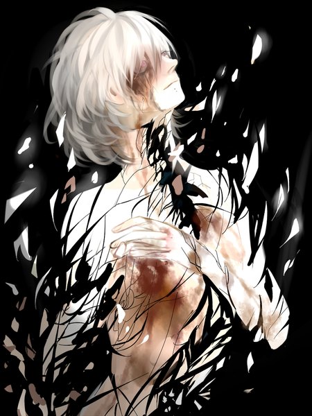 Anime picture 1500x2000 with dramatical murder nitro+chiral clear (dmmd) gackpokaito single tall image short hair looking away white hair pink eyes mole black background shirtless boy eyeball