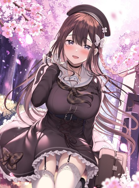 Anime picture 1400x1900 with original tomoo (tomo) single long hair tall image looking at viewer blush fringe breasts open mouth smile hair between eyes brown hair large breasts standing purple eyes payot outdoors braid (braids) long sleeves