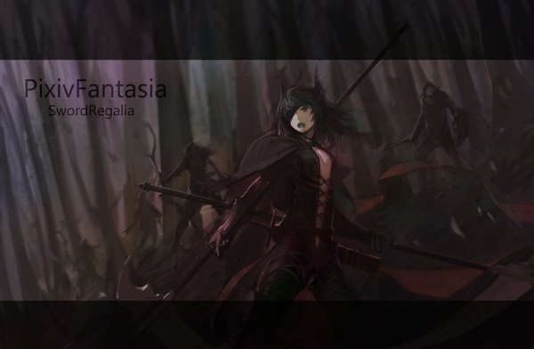 Anime picture 2000x1308 with original pixiv fantasia pixiv fantasia sword regalia blueman fringe highres short hair breasts open mouth light erotic standing animal ears cleavage group running army girl gloves weapon plant (plants)