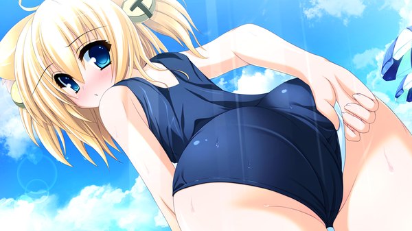 Anime picture 1280x720 with tiny dungeon (game) rosebleu uluru blue eyes light erotic blonde hair wide image game cg girl swimsuit one-piece swimsuit school swimsuit