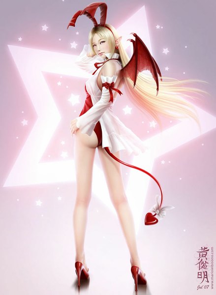 Anime picture 731x1000 with disgaea flonne flonne (fallen angel) mario wibisono (raynkazuya) single long hair tall image light erotic blonde hair red eyes tail looking back lips pointy ears realistic high heels lipstick demon girl demon tail demon wings