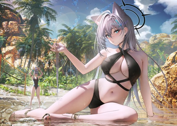 Anime picture 2000x1422 with blue archive shiroko (blue archive) shiroko terror (blue archive) shiroko (swimsuit) (blue archive) nanaken nana long hair looking at viewer fringe highres short hair breasts blue eyes light erotic hair between eyes large breasts standing sitting multiple girls holding animal ears