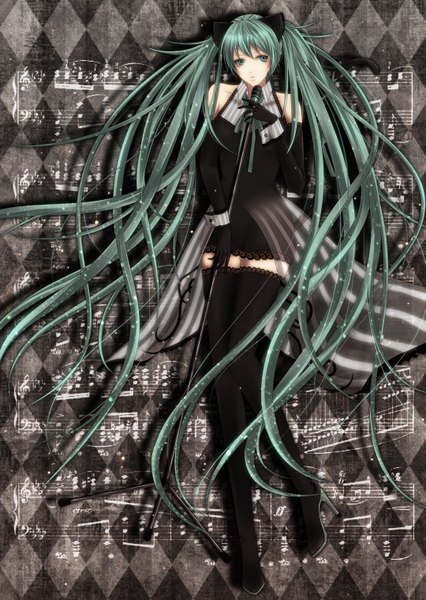 Anime picture 1079x1518 with vocaloid hatsune miku sawao (kenban2) single long hair tall image twintails green eyes animal ears green hair cat ears cat tail rhombus girl thighhighs gloves black thighhighs elbow gloves microphone stand