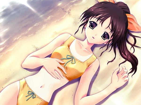 Anime picture 1024x768 with suika (game) long hair brown hair brown eyes game cg ponytail beach girl swimsuit