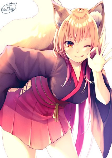 Anime picture 1417x2000 with original chita (ketchup) single long hair tall image looking at viewer blush fringe blonde hair simple background smile hair between eyes standing white background signed animal ears tail traditional clothes japanese clothes animal tail