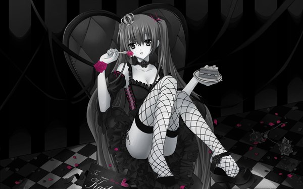 Anime picture 1920x1200 with vocaloid world is mine (vocaloid) hatsune miku nana mikoto single long hair looking at viewer fringe highres light erotic hair between eyes wide image twintails very long hair parted lips text monochrome vector checkered floor third-party edit