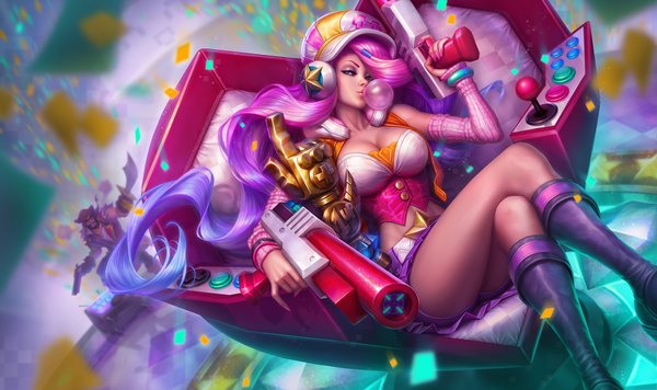 イラスト 1750x1040 と league of legends miss fortune (league of legends) arcade miss fortune (league of legends) gangplank (league of legends) michelle hoefener カメラ目線 highres おっぱい 青い目 light erotic wide image 座る 青い髪 ピンク髪 purple hair very long hair nail polish multicolored hair fingernails lips