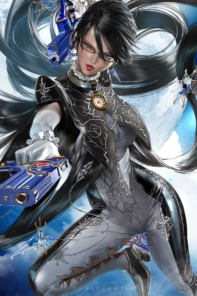 Anime picture 720x1080 with bayonetta bayonetta (character) zumi (zumidraws) single tall image looking at viewer blush fringe open mouth black hair hair between eyes standing holding signed sky cloud (clouds) bent knee (knees) outdoors very long hair head tilt