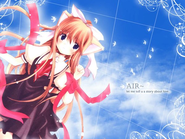 Anime picture 1024x768 with air key (studio) kamio misuzu patoto single long hair blue eyes blonde hair standing animal ears looking away sky cloud (clouds) inscription cat girl girl dress bow ribbon (ribbons)