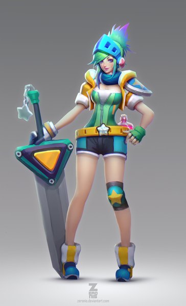 Anime picture 1091x1800 with league of legends riven (league of legends) arcade riven paul (shiramune) single tall image looking at viewer short hair breasts blue eyes smile signed full body green hair realistic bare legs hand on hip lipstick gradient background gradient hair