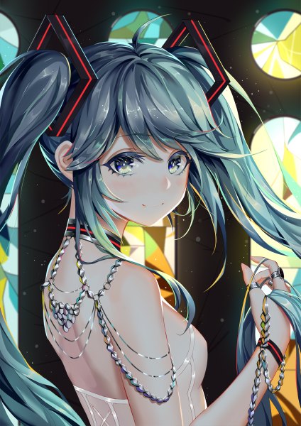 Anime picture 848x1200 with vocaloid hatsune miku aaeru single long hair tall image looking at viewer blush fringe breasts smile hair between eyes standing twintails bare shoulders holding payot upper body ahoge indoors