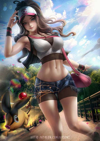 Anime picture 848x1200 with pokemon pokemon black and white nintendo hilda (pokemon) tepig axsen single long hair tall image looking at viewer blush breasts brown hair standing bare shoulders signed payot sky cloud (clouds) ahoge