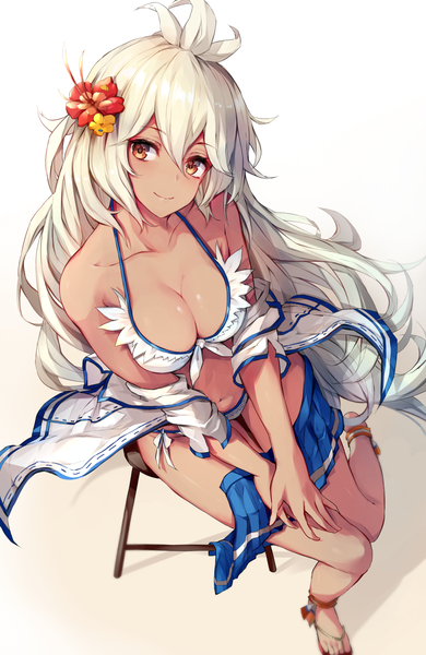Anime picture 1125x1728 with granblue fantasy the order grande watao single long hair tall image looking at viewer fringe breasts open mouth light erotic simple background smile hair between eyes large breasts white background brown eyes full body white hair head tilt