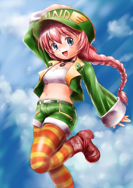 Anime picture 709x1000 with psychic force wendy ryan moriichi single long hair tall image looking at viewer blush fringe breasts open mouth blue eyes smile hair between eyes standing pink hair sky cloud (clouds) bent knee (knees) outdoors