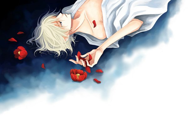 Anime picture 1024x666 with tsubasa reservoir chronicle clamp fay d flourite lacq single short hair blue eyes blonde hair lying open clothes boy flower (flowers)