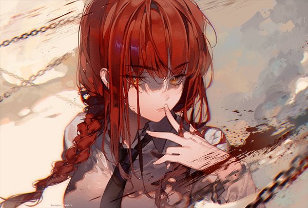 Anime-Bild 1024x693 mit chainsaw man mappa makima (chainsaw man) kawacy single long hair looking at viewer fringe yellow eyes payot upper body red hair finger to mouth girl shirt necktie blood chain