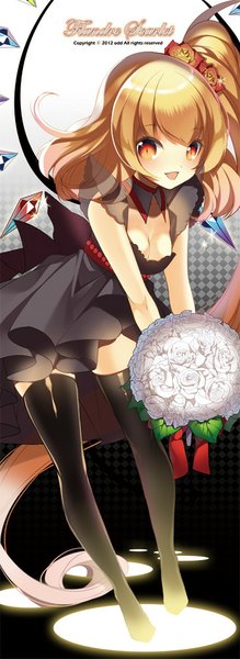 Anime picture 365x1000 with touhou flandre scarlet roh nam kyung single long hair tall image looking at viewer blush short hair open mouth blonde hair red eyes character names one side up girl thighhighs dress flower (flowers) black thighhighs wings