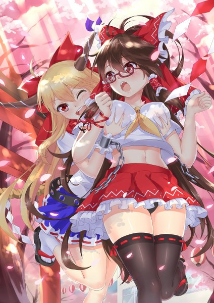 Anime picture 868x1228 with touhou hakurei reimu ibuki suika fengsao hua tanzhang long hair tall image blush breasts open mouth light erotic blonde hair red eyes brown hair multiple girls horn (horns) pantyshot cherry blossoms breast grab bespectacled girl