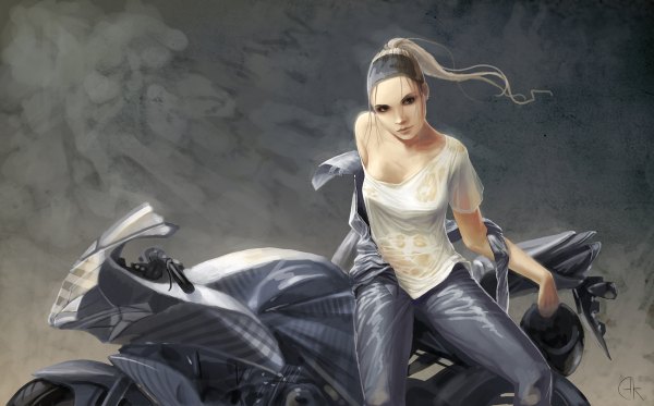 Anime picture 1200x746 with original matariil (artist) single long hair looking at viewer light erotic blonde hair wide image sitting bare shoulders black eyes wet clothes girl hairband motorcycle overalls