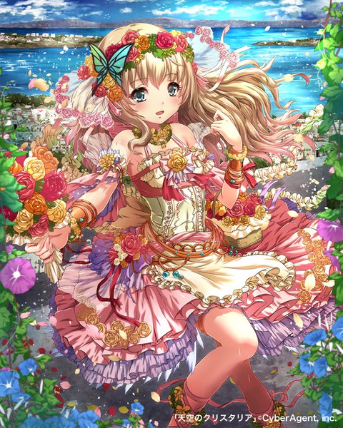 Anime picture 800x1000 with tenkuu no crystalia sakiyamama single long hair tall image looking at viewer blush fringe open mouth blonde hair hair between eyes standing bare shoulders holding sky cloud (clouds) outdoors hair flower aqua eyes light smile