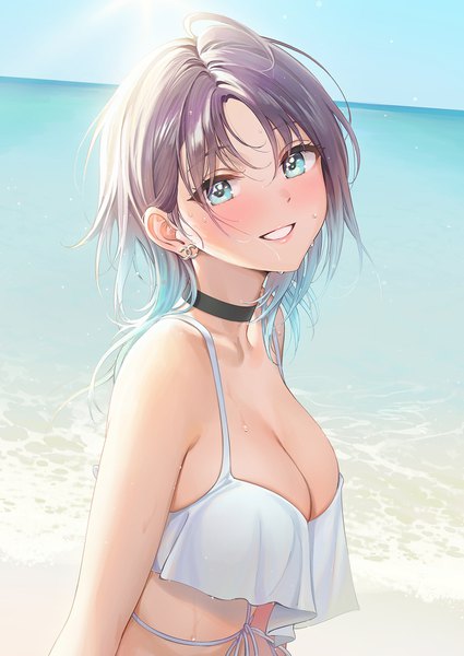 Anime picture 1200x1693 with idolmaster idolmaster shiny colors asakura tooru ame (uten cancel) single long hair tall image looking at viewer blush fringe breasts blue eyes light erotic smile hair between eyes large breasts sky upper body ahoge outdoors