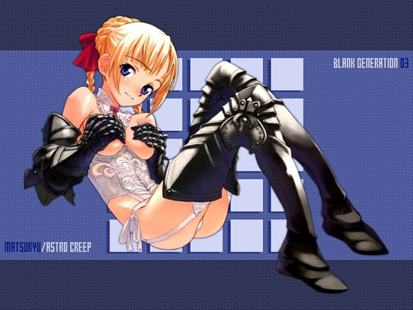 Anime picture 1024x768 with fate (series) fate/stay night studio deen type-moon artoria pendragon (all) saber blue eyes light erotic blonde hair covering covering breasts underwear panties lingerie armor white panties garter straps corset garter belt