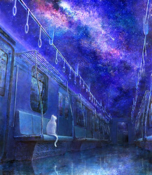 Аниме картинка 1044x1200 с оригинальное изображение yamahiropyon высокое изображение сидит небо ночь ночное небо спина без людей падающая звезда звезда (звёзды) кот (кошка) поезд