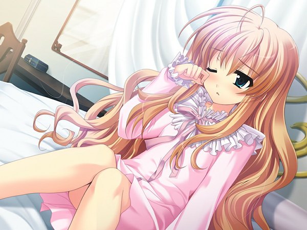 Anime picture 1024x768 with sakura no shippo (game) single long hair blue eyes sitting game cg ahoge orange hair loli girl ribbon (ribbons) bed