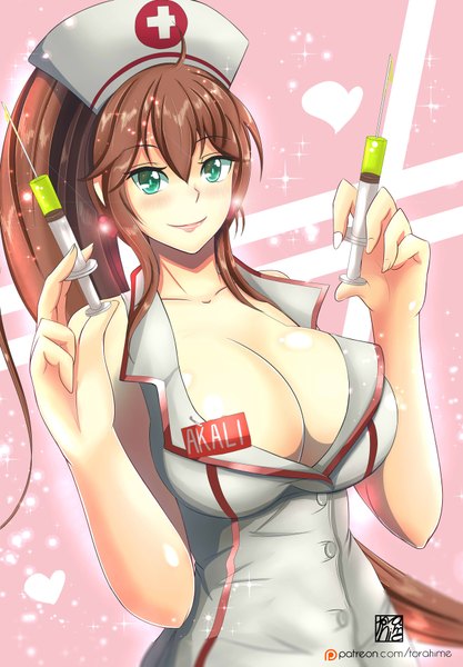 Anime picture 1280x1843 with league of legends akali (league of legends) torahime (roland00) single tall image blush fringe breasts light erotic smile brown hair green eyes cleavage very long hair huge breasts nurse girl uniform syringe