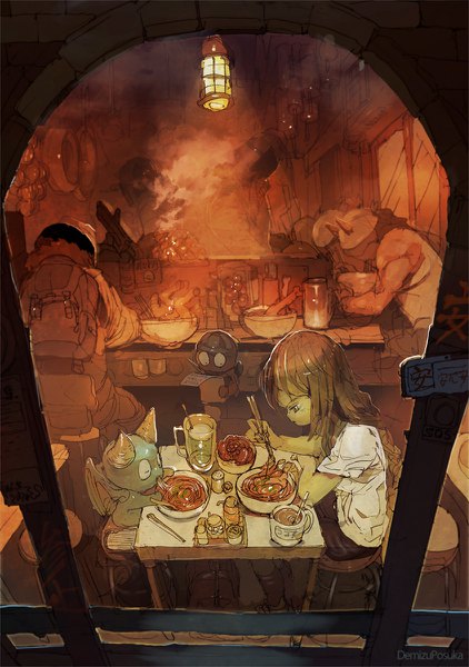 Anime picture 844x1200 with original demizu posuka single long hair tall image open mouth sitting holding indoors eyes closed horn (horns) short sleeves looking down eating demon wings steam demon fisheye girl hat