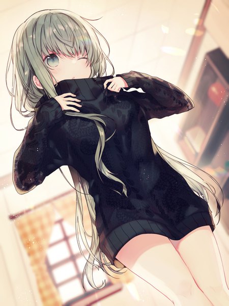 Anime picture 700x933 with shiro seijo to kuro bokushi cecilia (shiro seijo to kuro bokushi) teigi single long hair tall image blush fringe breasts hair between eyes standing green eyes looking away indoors long sleeves one eye closed green hair blurry arms up from below