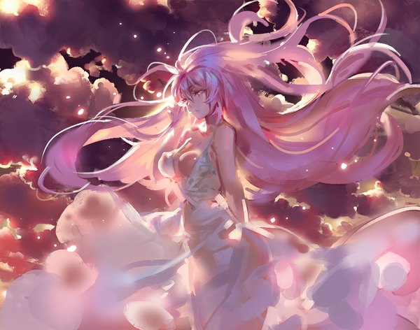 Anime-Bild 975x768 mit vocaloid megurine luka kishiyo single long hair breasts light erotic looking away pink hair cloud (clouds) pink eyes girl dress sundress