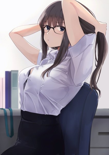 Anime picture 2504x3535 with original ayubee single long hair tall image looking at viewer fringe highres blue eyes light erotic black hair sitting payot adjusting hair office lady formal girl shirt glasses white shirt