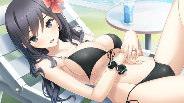Anime picture 1280x720 with haru kiss giga hyoudou amane mikoto akemi single long hair looking at viewer blush fringe breasts open mouth light erotic black hair smile wide image large breasts bare shoulders game cg lying hair flower