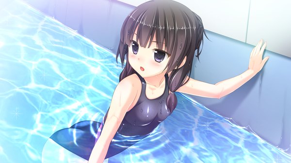 Anime picture 1280x720 with quintuple splash yashio sahori single long hair blush open mouth light erotic black hair wide image purple eyes twintails looking away game cg girl swimsuit one-piece swimsuit competition swimsuit black swimsuit