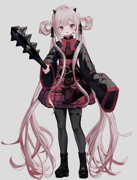 Anime picture 2799x3691 with original shou (mori boro) single tall image looking at viewer highres simple background standing twintails pink hair full body very long hair traditional clothes pink eyes horn (horns) grey background :o low twintails chinese clothes hair rings