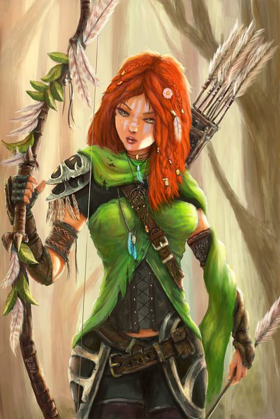 Anime picture 1024x1526 with dota 2 (game) windranger (dota 2) nebcraft single long hair tall image fringe breasts hair between eyes standing holding green eyes looking away outdoors red hair braid (braids) hair flower lips bare tree bodypaint