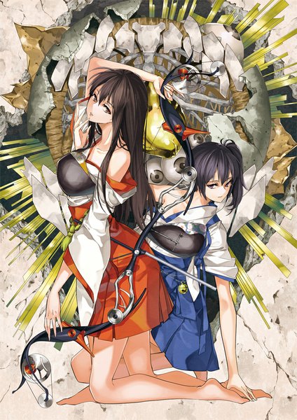 Anime picture 707x1000 with kantai collection kaga aircraft carrier akagi aircraft carrier tsurukame long hair tall image looking at viewer black hair multiple girls brown eyes ponytail traditional clothes japanese clothes barefoot off shoulder kneeling side ponytail girl skirt weapon