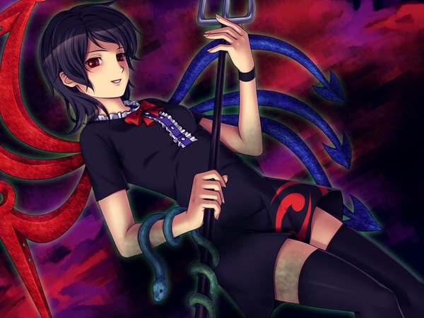 Anime picture 1000x750 with touhou houjuu nue psino (artist) single short hair black hair red eyes girl thighhighs dress weapon black thighhighs wings snake