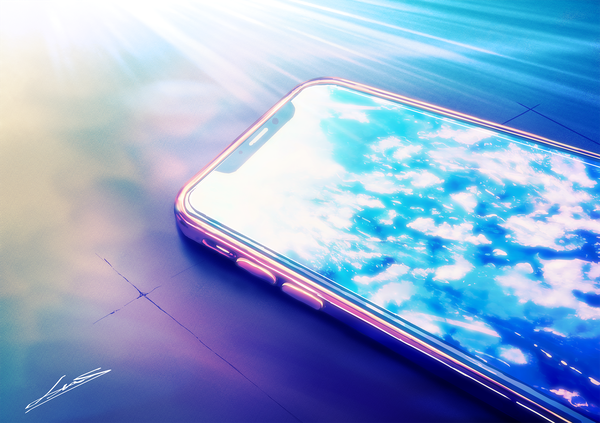 Anime picture 2048x1446 with original lens araki highres signed sky cloud (clouds) sunlight reflection no people sunbeam floor mobile phone smartphone