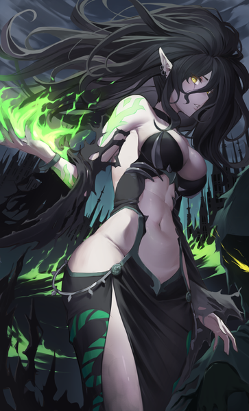 Anime picture 2600x4300 with original netural single long hair tall image looking at viewer fringe highres breasts light erotic black hair hair between eyes large breasts standing yellow eyes outdoors parted lips pointy ears night wide sleeves