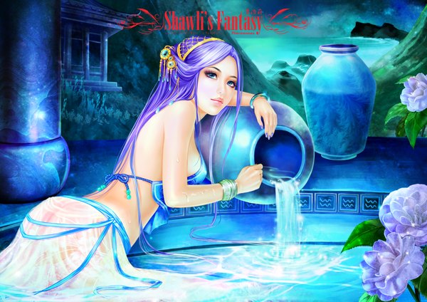 Anime picture 4093x2894 with original shawli single long hair highres blue eyes light erotic absurdres purple hair nail polish lips realistic inscription night night sky girl flower (flowers) water bracelet jewelry