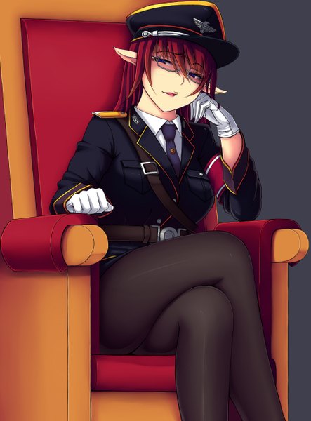 Anime picture 960x1299 with original kisaragi yakumo single long hair tall image blush open mouth blue eyes sitting red hair pointy ears crossed legs girl gloves pantyhose glasses white gloves peaked cap armchair